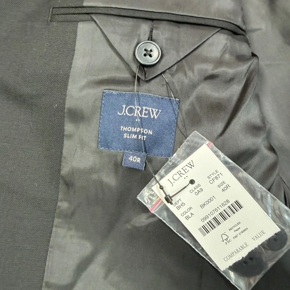 J.Crew Men 40R Thompson Slim Fit Suit Jacket Black Worsted Wool Blazer CF871 NEW